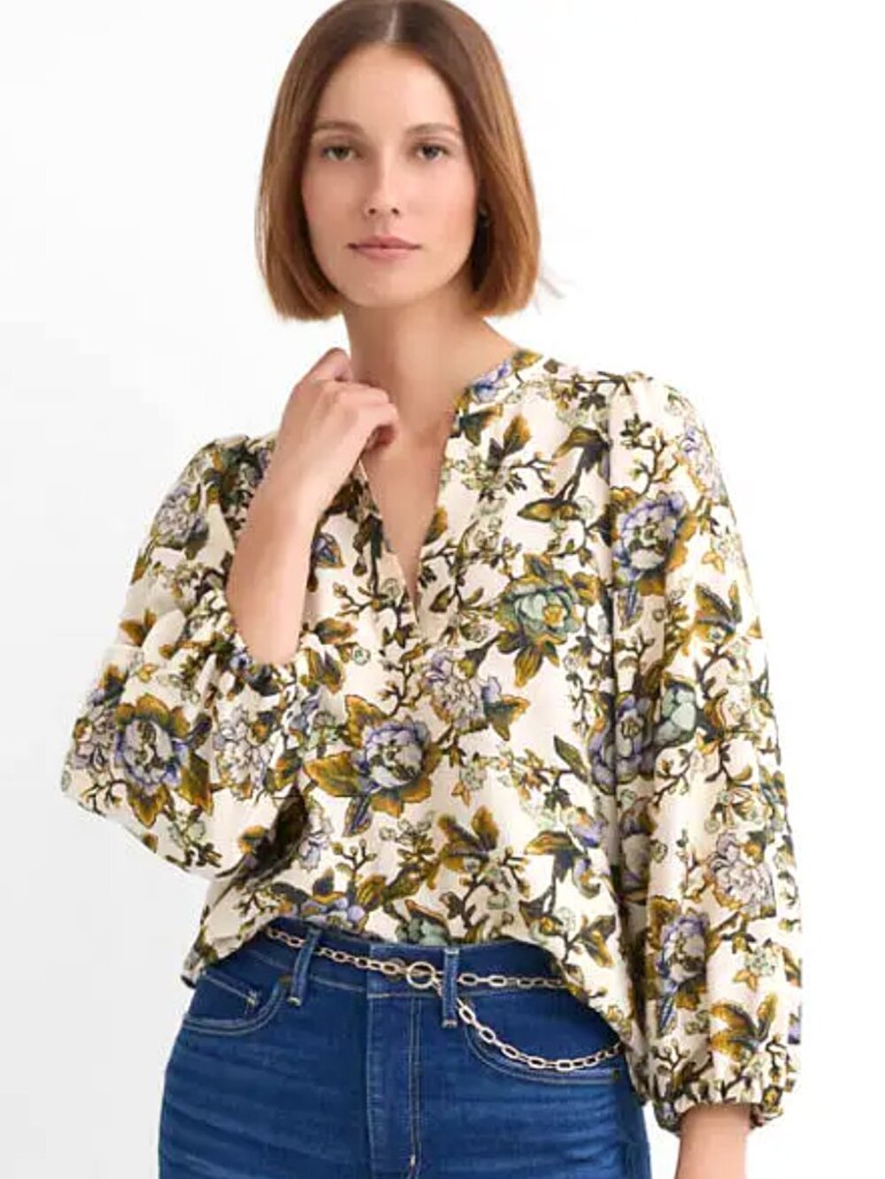 NWT Loft Women's Floral Blouson Sleeve Split Neck Blouse Size MP
